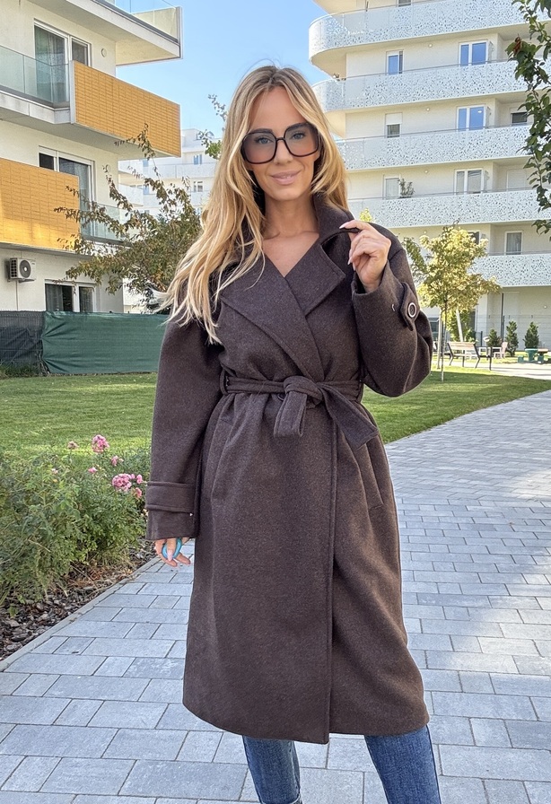 Lucilla szövetkabát– Hosszított női szövetkabát étcsokoládé – Innova Fashion